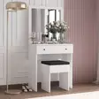 Valkoinen Meikkipöytä Peilillä - 100% Melamiinipinnoitettu Lastulevy, 18mm, 65x139x35cm, Kiinnitettävä Seinäasennus - Meikkipöydät - 8684282460275 - 6