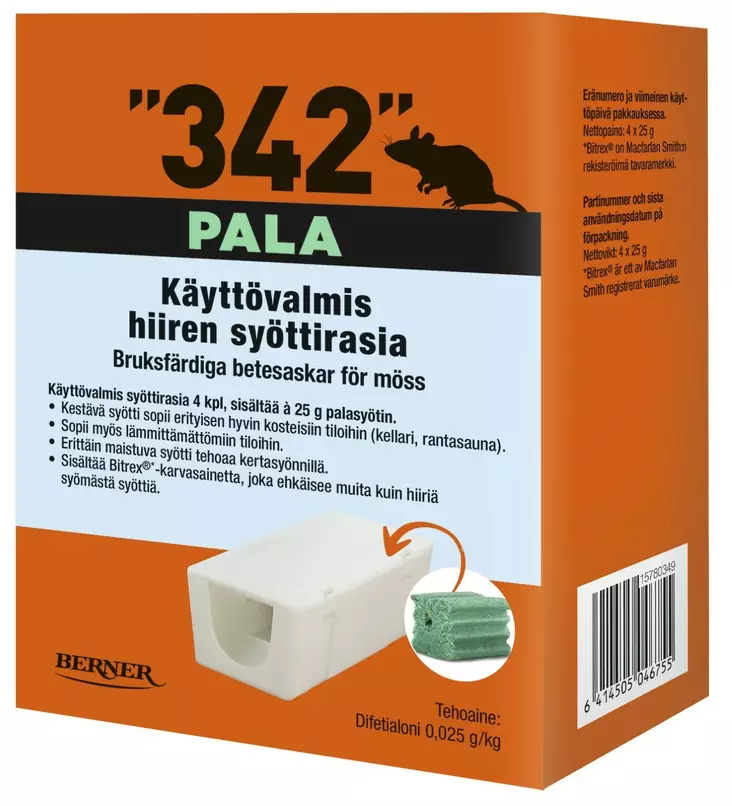 342 Syöttirasia 4 kpl á 25 g palasyötti - Jyrsijöiden karkottimet ja loukut - 6414505046755 - 1
