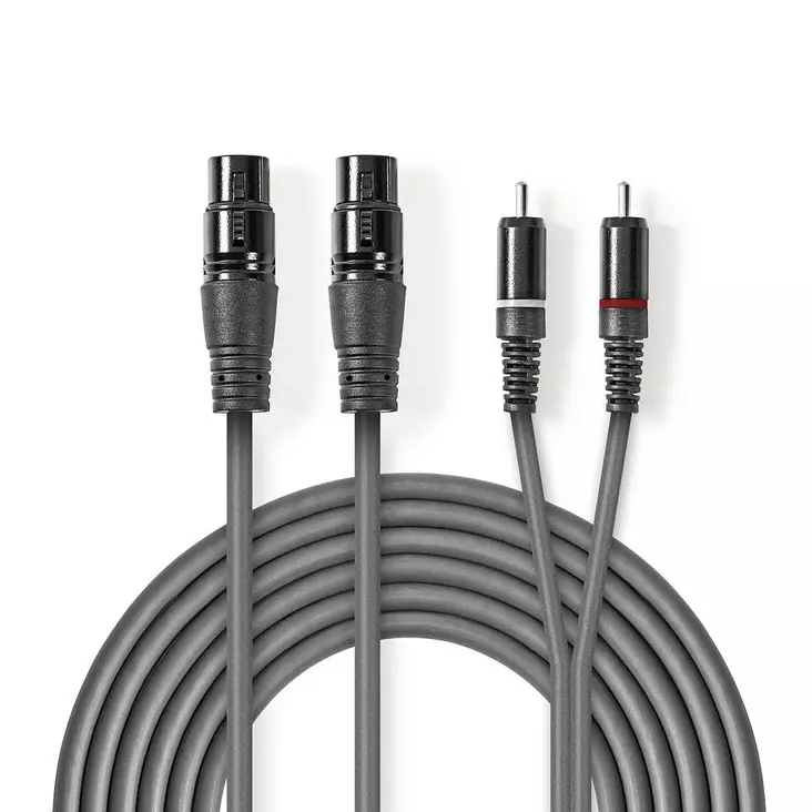 Balansoitu Audiojohto | 2x XLR 3-Pin naaras | 2x RCA uros | Niklattu | 1.50 m | Pyöreä | PVC | Tummanharmaa | Pahvikotelo - Audiokaapelit - 5412810295845 - 1