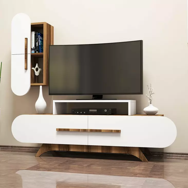 Moderni TV-taso, Pähkinä Valkoinen, 100% Melamiinipinnoitettu, 145x49,8x36,8 cm, Useita Hyllyjä, Helppo Asentaa - TV-tasot - 8681875184785 - 1
