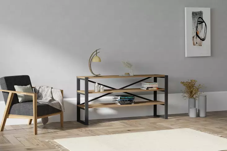 Teollinen sivupöytä, pähkinä, 100% melamiinipinnoitettu, metallirunko, 120x59x32 cm, kiinnitettävä seinään, lisäsäilytys - Sivu- ja apupöydät - 8681875317275 - 1