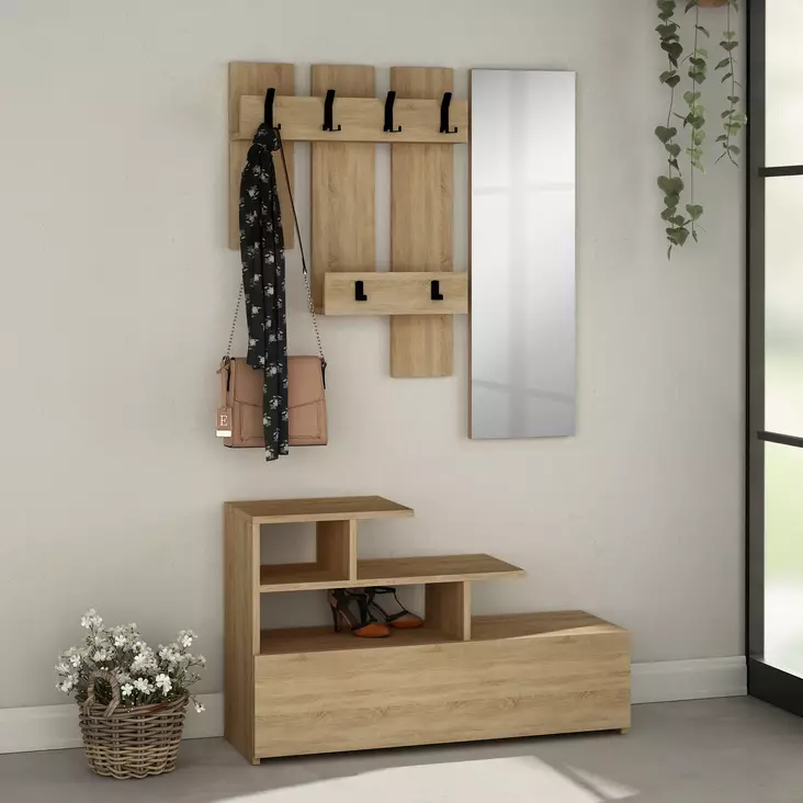 Tyylikäs Tammi Eteisteline Peilillä ja Kengätsäilytyksellä - 100% Melamiinipinnoitettu - 100x61x30 cm - Peili 30x99 cm - Huonekalut - 8681875200775 - 1
