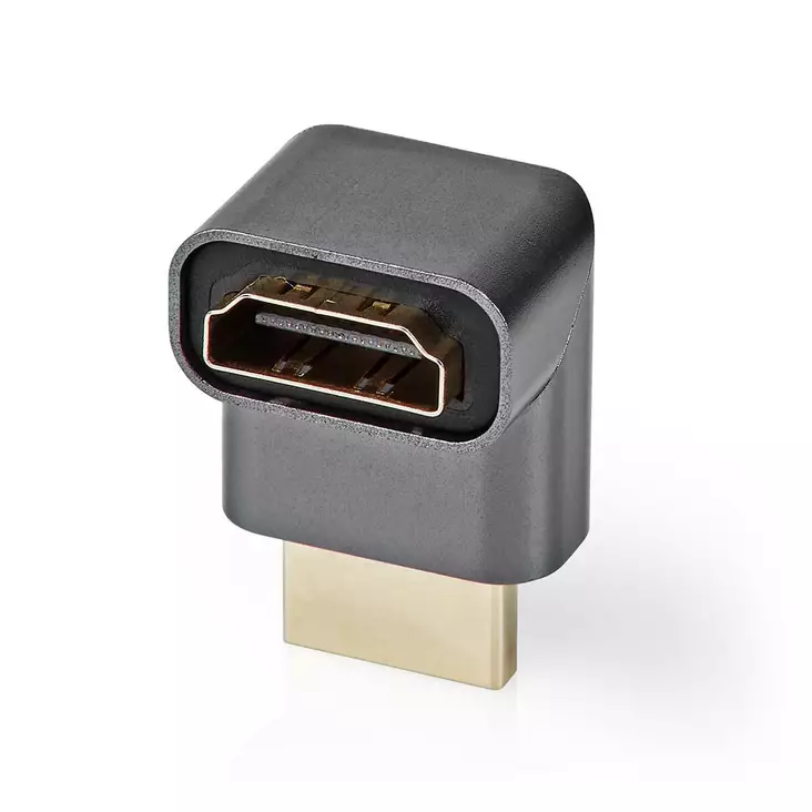 HDMI -sovitin | HDMI liitin / HDMI uros | HDMI Ulostulo | Kullattu | Kulma, 270 ° | Alumiini | Gun Metal Harmaa | 1 kpl | Laatikko kannella ja ikkunalla - Videoliittimet ja plugit - 5412810333585 - 1