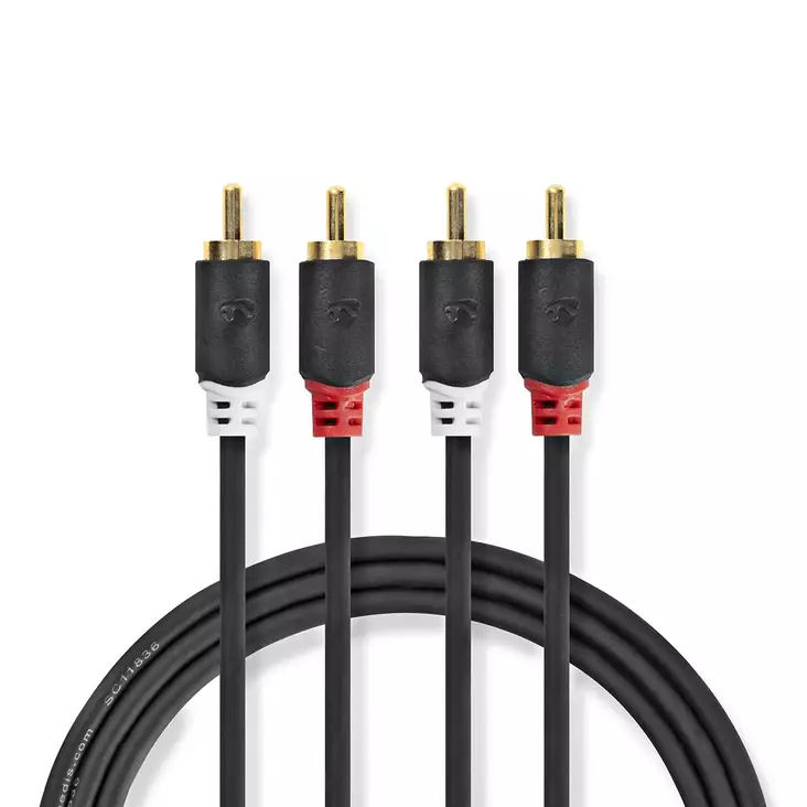 Stereoäänikaapeli | 2x RCA uros | 2x RCA uros | Kullattu | 0.50 m | Pyöreä | Antrasiitti | Laatikko - Audiokaapelit - 5412810335695 - 1
