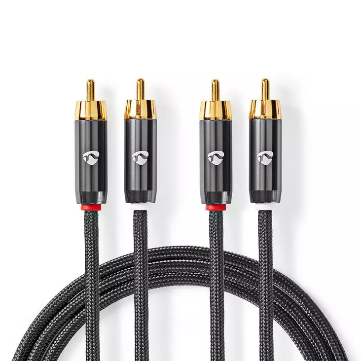 Stereoäänikaapeli | 2x RCA uros | 2x RCA uros | Kullattu | 1.00 m | Pyöreä | Gun Metal Harmaa / Harmaa | Laatikko kannella ja ikkunalla - Audiokaapelit - 5412810318735 - 1