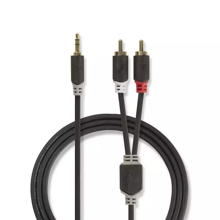Stereoäänikaapeli | 3.5 mm uros | 2x RCA uros | Kullattu | 1.00 m | Pyöreä | Antrasiitti | Laatikko - Audiokaapelit - 5412810265015 - 1