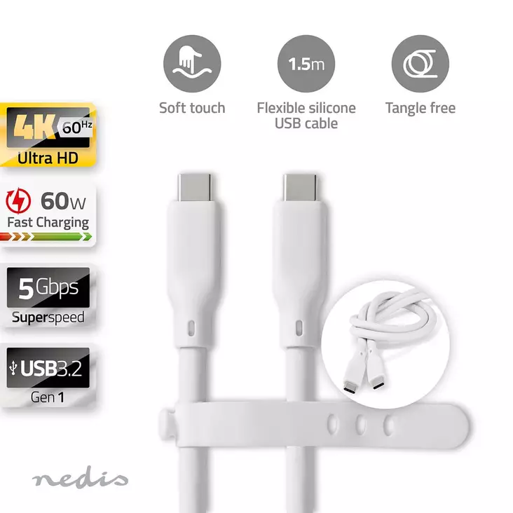 USB kaapeli | USB 3.2 Gen 1 | USB-C Uros | USB-C Uros | 60 W | 4K@60Hz | 5 Gbps | Niklattu | 1.50 m | Pyöreä | Silikoni | Valkoinen | Laatikko - Tietokone ja verkko - 5412810417995 - 1