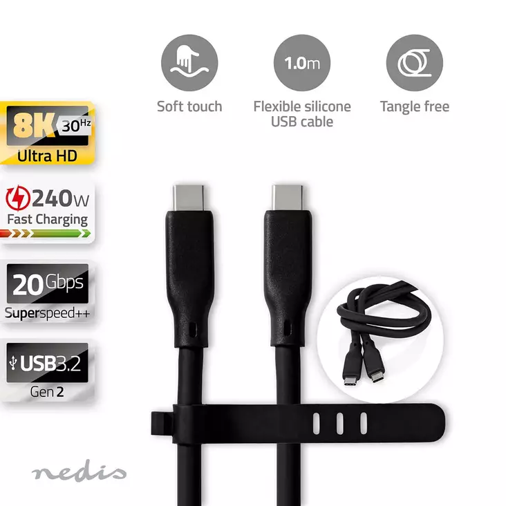 USB kaapeli | USB 3.2 Gen 2 | USB-C Uros | USB-C Uros | 240 W | 8K@30Hz | 20 Gbps | Niklattu | 1.00 m | Pyöreä | Silikoni | Musta | Laatikko - Tietokone ja verkko - 5412810418015 - 1
