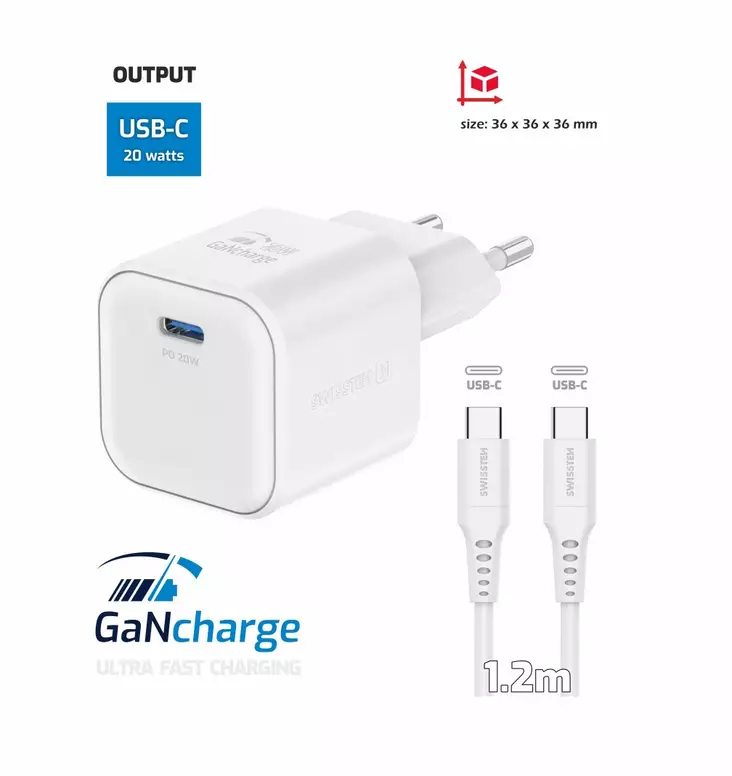 Swissten GaN+ USB-C 20W -laturi + USB-C/USB-C-kaapeli - Verkkolaturit - 8595217484375 - 1