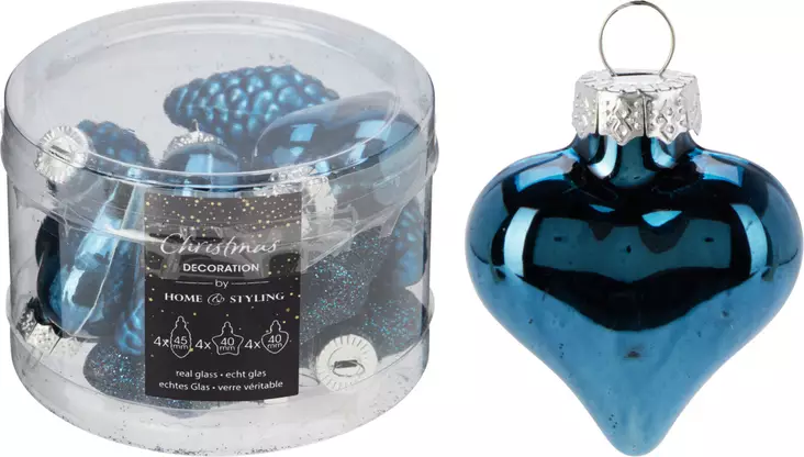 Siniset lasiset joulukuusenkoristeet 12 kpl – sydän, käpy ja pallo – tyylikäs kiiltävä koristepakkaus - Joulukoristeet ja -tekstiilit - 8721037533065 - 1