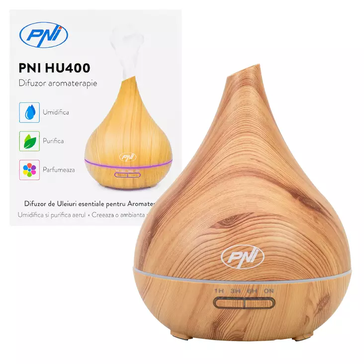 Aromaterapiahajotin PNI HU400 eteerisille öljyille, ultraäänellä, 400 ml, ajastin, 7 LED-väriä, automaattinen sulkeutuminen, valaistus puinen - PNI tuotteet - 5949066536885 - 1