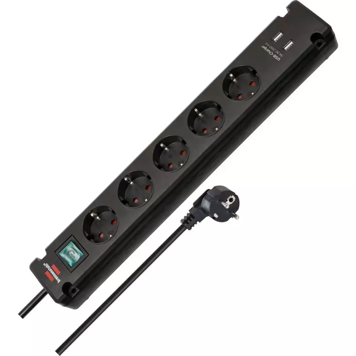 Bremounta 5-suuntainen jatkojohto 2 USB-latausliittimellä Musta 3,00 m TYPE F - Jatkojohdot - 4007123657025 - 1