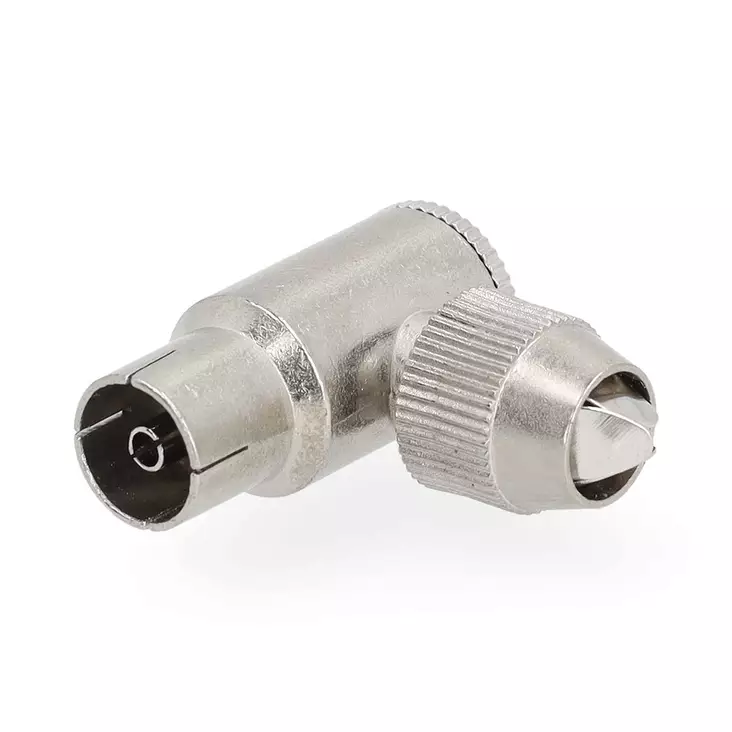 IEC (Coax) Liitin | Kulma | Naaras | Niklattu | 75 Ohm | Ruuvi | Kaapelin läpitulomitta: 7.0 mm | Metalli | Hopea | 2 kpl | Muovipussi - Antenniliittimet ja adapterit - 5412810283545 - 1