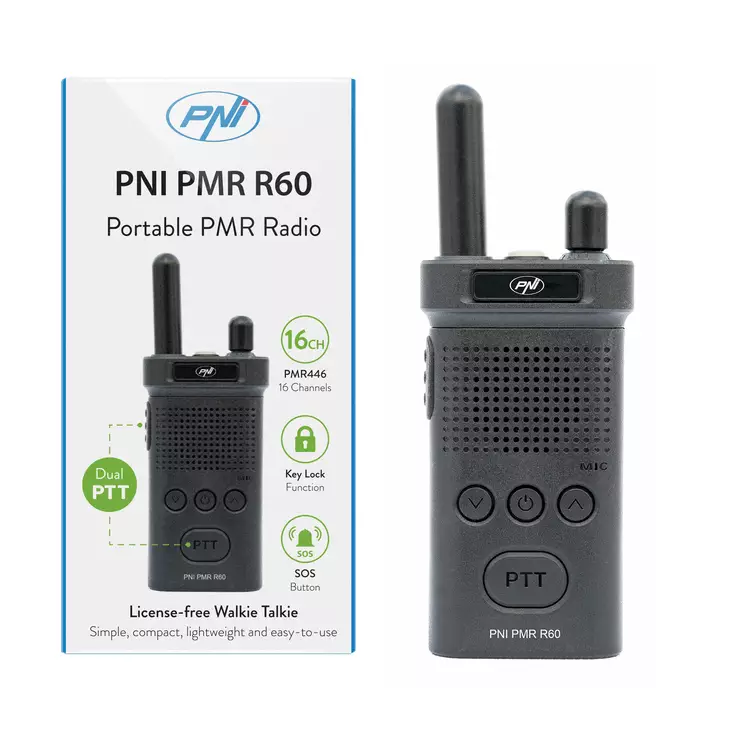 Kannettava radioasema PNI PMR R60 446MHz, 0,5W, 16 ohjelmoitavaa kanavaa, 16 PMR ja 50 CTCSS ja 104 DCS-ääntä, skannaus, näppäinlukko, SOS, näyttö, 1200 mAh akku - Radiopuhelimet ja megafonit - 5949066528385 - 1