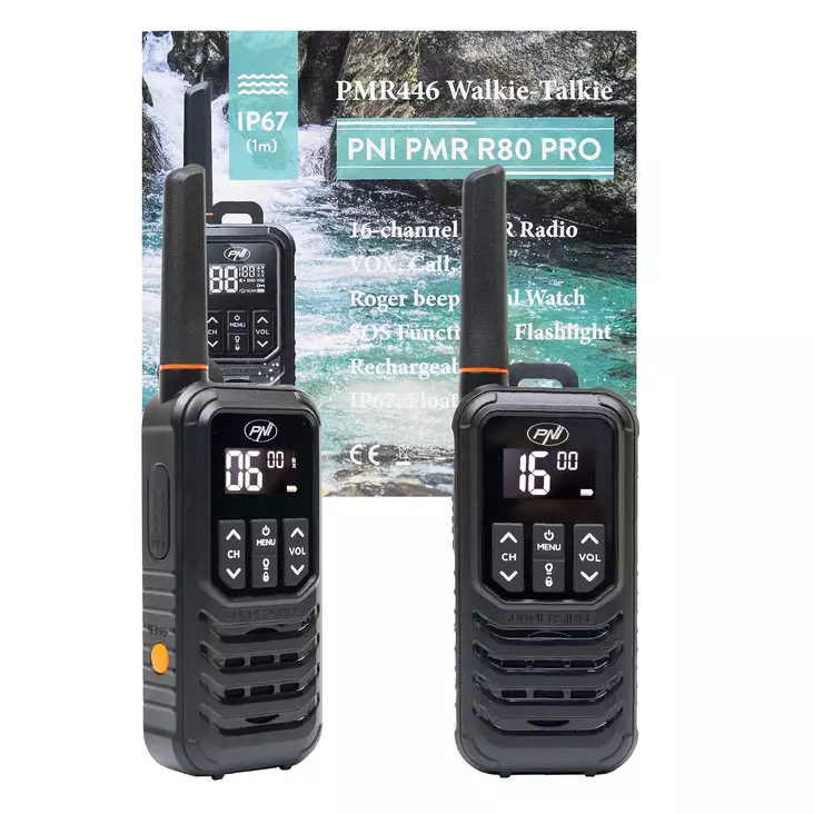 Kannettava radioasema PNI PMR R80 PRO, 2 kpl sarja, 0,5W, 16 kanavaa, vedenpitävä IP67, LED-taskulamolla, SOS-painike, VOX, USB-C - PNI tuotteet - 5949066530425 - 1