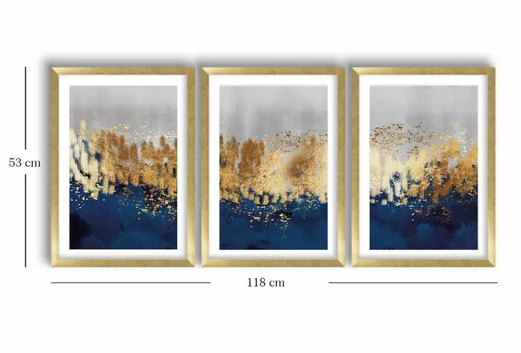 Koristeellinen Kehystetty MDF-maalaus (3 kpl) - Kultainen, Laivastonsininen, Harmaa - 38 x 53 cm - 100% MDF ja Puu - Taulut ja kehykset - 8683743825295 - 1