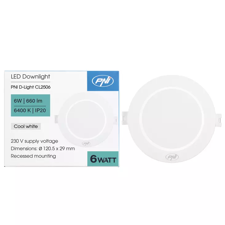 LED-kohdevalaisin PNI D-Light CL2506 6W, upotettava, pyöreä 120 mm, 6400K, virransyöttö 230V, 660 lm, kylmä valkoinen - PNI tuotteet - 5949066543135 - 1