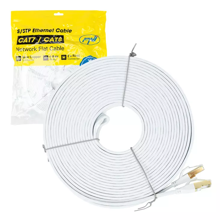 Litteä verkkokaapeli S/STP CAT8 PNI U8150W, 2 x RJ45, 4 paria johtoja, 28AWG, kupari, 40 Gbps, 2000 MHz, 15m, valkoinen - PNI tuotteet - 5949066538575 - 1