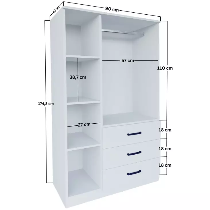 Matta Valkoinen Vaatekaappi - 100% Melamiinipinnoitettu Lastulevy, 18 mm, 90x174,8x47 cm, Useita Hyllyjä, 4 Pakettia - Vaatekaapit - 8684283109975 - 1