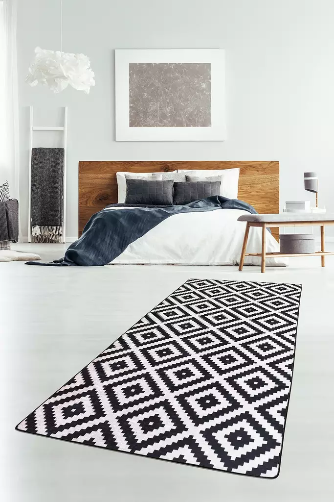 Musta Valkoinen eteisen matto käytävämatto 80x200 cm - Antibakteerinen, Liukumaton, Konepestävä, 100% Polyesteri, 10 mm Paksuus - Pienet matot ja käytävämatot - 8682870121195 - 1
