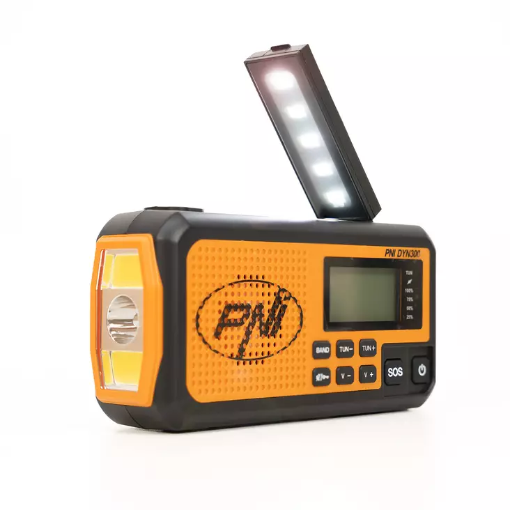 PNI DYN300 kannettava radio dynamolla, aurinkolatauksella, taskulampulla, 4000 mAh varavirtalähteellä, SOS, IPX3, oranssi - Radiot ja MP3/4-soittimet - 5949066537325 - 1