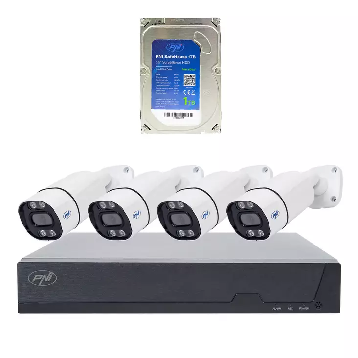 PNI House IPMAX POE 8 -videovalvontajärjestelmäpaketti, NVR 4 kameralla ja PNI SafeHouse 1 Tt:n kiintolevyllä - PNI tuotteet - 5949066546365 - 1