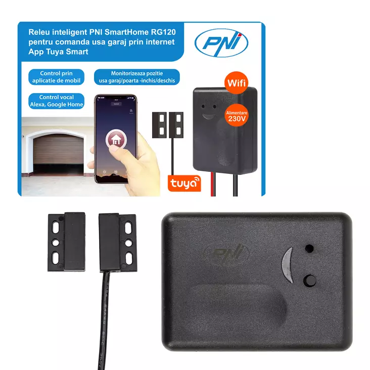 PNI SmartHome RG120 WiFi-älyrele autotallin oven/portin avaamisen ohjaamiseen internetin kautta PNI Smartin tai Tuyan avulla, yhteensopiva Amazon Alexan ja Google Homen kanssa, autotallin ovenavaaja - PNI tuotteet - 5949066518805 - 1