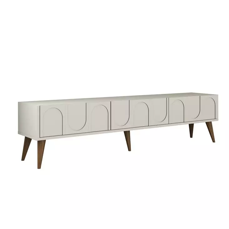 TV-taso, Huonekalut, Kermanvalkoinen Pähkinä, 100% Melamiinipinnoitettu Lastulevy, 180x44x35 cm, Useita Hyllyjä, Seinäkiinnitys - TV-tasot - 8684282640585 - 1