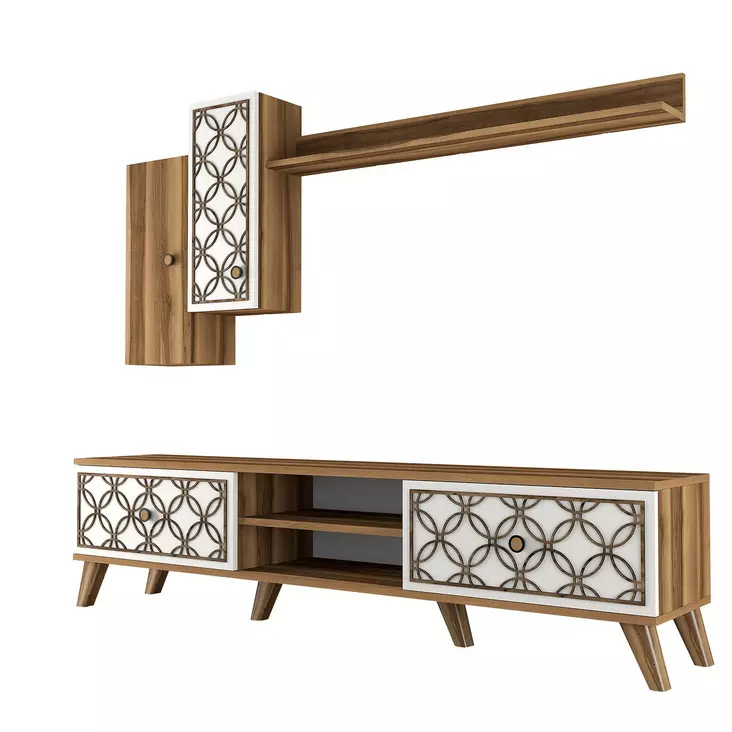 TV-taso, Huonekalut, Pähkinä Valkoinen, 100% Melamiinipinnoitettu Lastulevy, 180x44x35 cm, Moderni, Useita Hyllyjä - TV-tasot - 8681875184365 - 1
