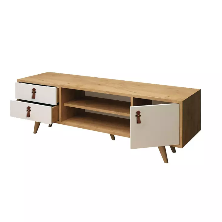 Tyylikäs TV-taso: Tammi-valkoinen, 120x53x40 cm, 2 laatikkoa, PU-nahkakahva, seinäkiinnitys, puujalat - TV-tasot - 8681875207385 - 1