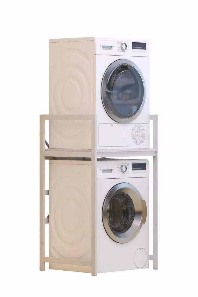 Valkoinen Pesukonekaappi - 100% Metallirunko, Melamiinipinnoitetut Hyllyt, 70x116x60 cm, Tyylikäs ja Kestävä - Kylpyhuonekalusteet - 8684283924165 - 1