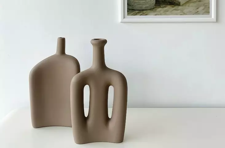 Valosävyinen Keraaminen Maljakkosetti - 100% Keraaminen, 15x4x19 cm ja 15x5x27 cm, Sisustuksen Koristeeksi - Kukka-amppelit ja maljakot - 8684282979425 - 1