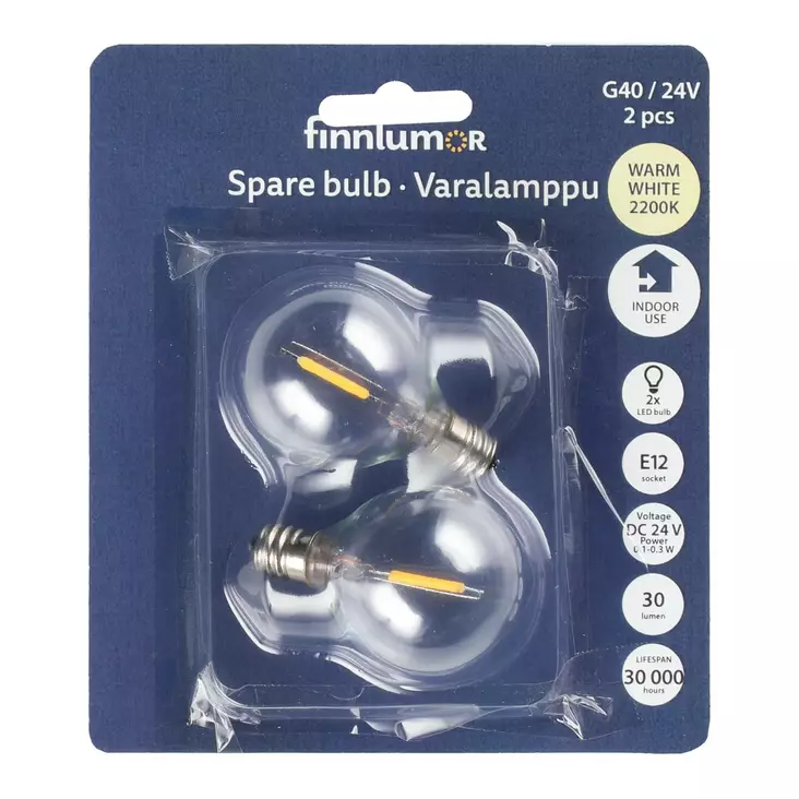 Varalamppu 2 kpl G40 E12 kannalla Finnlumor - LED-varapolttimot 24V valosarjaan (30 lm, 2200 K, 0,3 W) - Valosarjat - 6410416596075 - 1