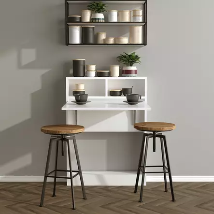 Valkoinen Taittopöytä - 100% Melamiinipinnoitettu Lastulevy, 18mm, 70x96x15cm, 25kg, Useita Hyllyjä, Seinään Kiinnitettävä - Pöydät - 8681875187076 - 1