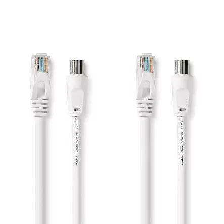 Coax & Cat6 yhdistelmäkaapeli | IEC (Coax) Uros / RJ45 uros | IEC (Coax) Naaras / RJ45 uros | Niklattu | RG58 | 75 Ohm | Tuplasuojattu | 3.00 m | Pyöreä | PVC | Valkoinen | Laatikko - Antennikaapelit - 5412810416646 - 1