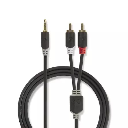 Stereoäänikaapeli | 3.5 mm uros | 2x RCA uros | Kullattu | 5.00 m | Pyöreä | Antrasiitti | Laatikko - Audiokaapelit - 5412810265046 - 1