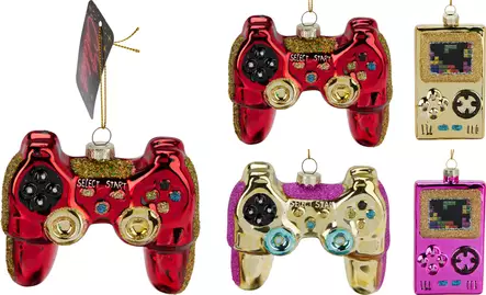 Retro-peliaiheinen lasinen joulukoriste ohjaimen ja pelikonsolin muotoilulla, kimalle- ja metallisävyin - Joulukoristeet ja -tekstiilit - 8721037639576 - 1