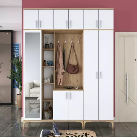 Hall Standi - Tyylikäs ja Kestävä Säilytysratkaisu Eteiseen, Pähkinä Valkoinen, 100% Melamiinipinnoitettu, 180x240x37,5 cm - Eteiskaapit - 8684282480846 - 2