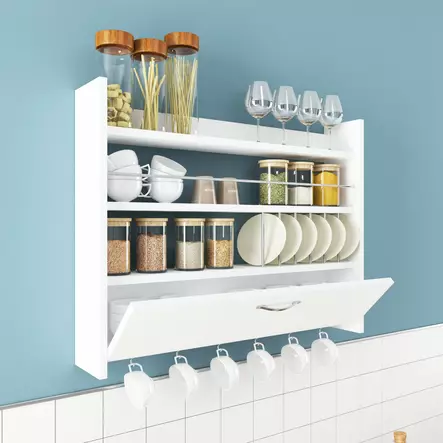 Keittiöhylly - Valkoinen, 100% Melamiinipinnoitettu Lastulevy, 18mm, 85x15x65cm, Useita Hyllyjä, Seinään Kiinnitettävä - Keittiöhyllyt - 8683342216036 - 2