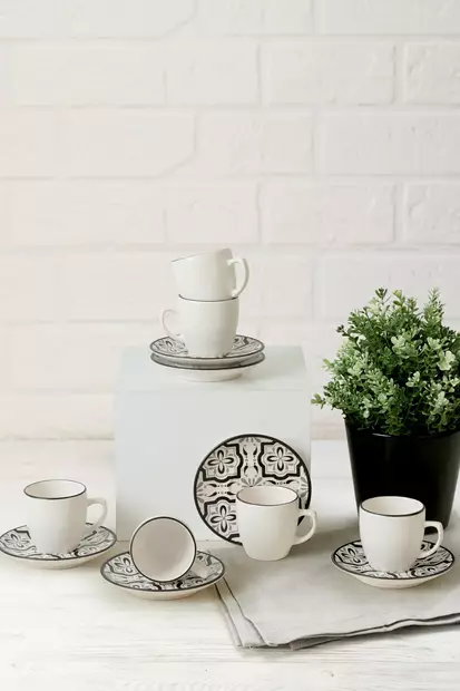 Keraaminen Kahvikuppisetti 12 osaa - Musta Valkoinen - 100% Keraaminen - Astianpesukoneen Kestävä - 110 ml - Kahvi- ja teeastiat - 8684282191476 - 2