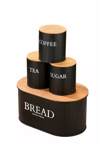 Metallinen Säilytyslaatikko Setti 4 kpl - Keittiötarvikkeet - Musta - Leipälaatikko 30x19x15 cm - Puiset Kannet - Eväsrasiat ja ruoansäilytysastiat - 8684283574766 - 1