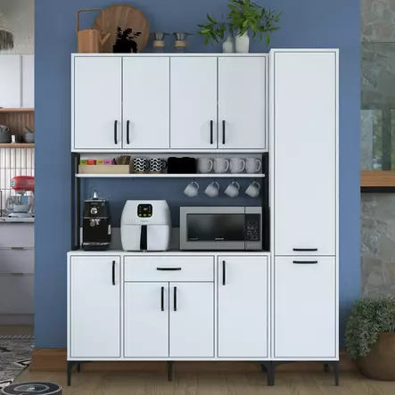 Monikäyttöinen Kaappi - Valkoinen, 100% Melamiinipinnoitettu E1 Laatu Lastulevy, 18mm, 160x198,6x40cm, 8 Pakettia - Kaapit ja lipastot - 8684282481096 - 2