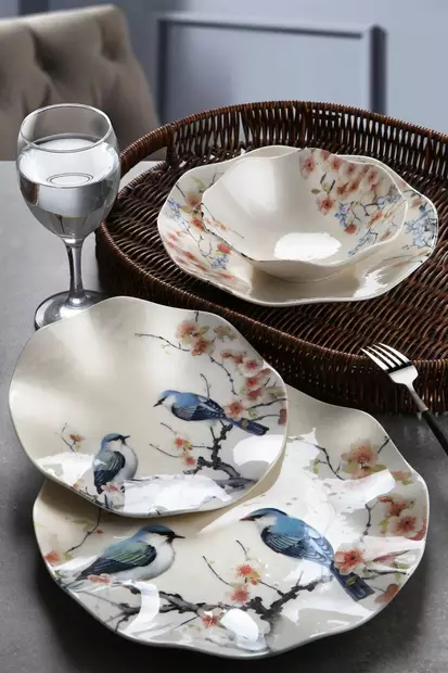 Monivärinen 24-osainen posliiniastiasto - Astiasto, Lautaset, Kulhot, Jälkiruokalautaset - Konepesun ja Mikroaaltouunin Kestävä - Tarjoiluastiat - 8684283871056 - 1