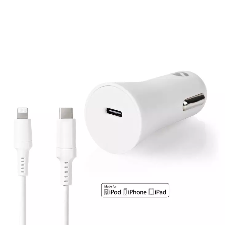 Autolaturi | 20 W | 1.67 / 2.22 / 3.0 A | Lähtöliitäntöjen määrä: 1 | Portin tyyppi: USB-C | Lightning 8-Pin (irrallinen) Kaapeli | 1.00 m | Automaattinen Jännitteen Valinta - Autolaturit - 5412810334636 - 1