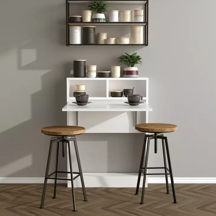 Valkoinen Taittopöytä - 100% Melamiinipinnoitettu Lastulevy, 18mm, 70x96x15cm, 25kg, Useita Hyllyjä, Seinään Kiinnitettävä - Pöydät - 8681875187076 - 1