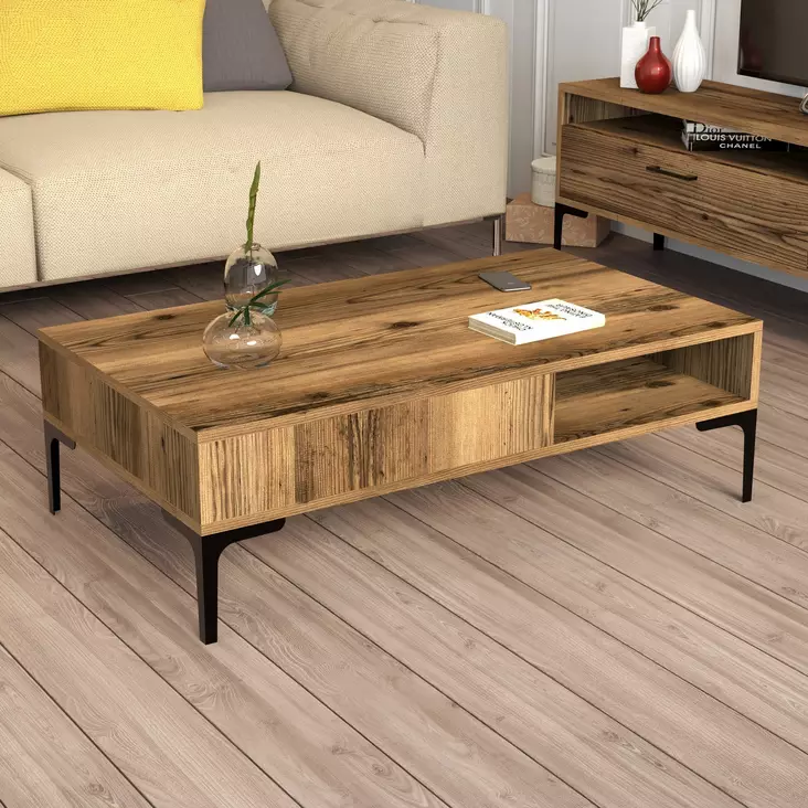 Walnut-sävyinen sohvapöytä, 100% melamiinipinnoitettu, 105x32,6x60 cm, metallijalat, moderni ja teollinen tyyli - Sohvapöydät - 8683342719056 - 1