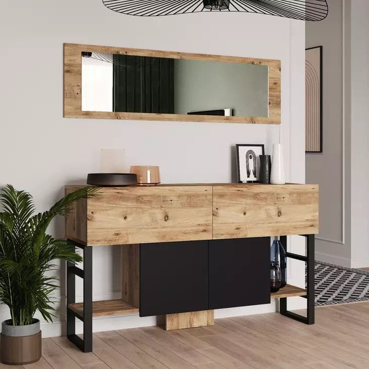 Atlantic Pine Konsoli Peilillä - Moderni ja Kestävä Säilytysratkaisu, 139x83,6x43,3 cm, 18 mm Melamiinipinnoite - - 19-19-8683342772266 - 1