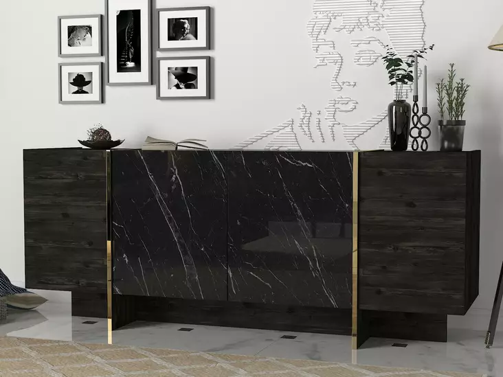 Moderni Musta Kulta Konsoli - 100% Melamiinipinnoitettu Lastulevy, 18mm, 180x75,5x46,6cm, Useita Hyllyjä, Lisäsäilytystilaa - Lipastot ja senkit - 8681875669916 - 1