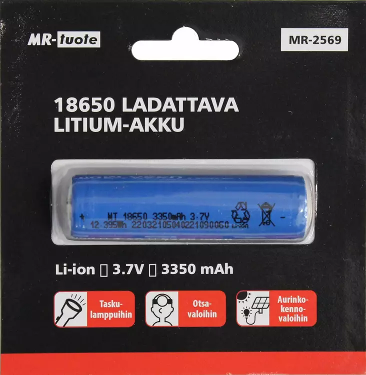Ladattava litium akku 18650, 3.7v 3350 mah - Otsalamput - 6430074693886 - 1