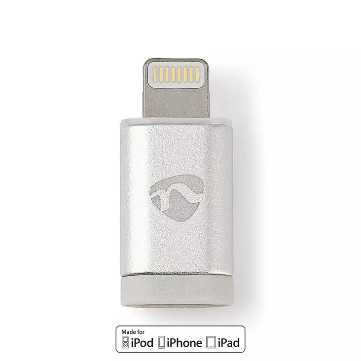 Lightning Sovitin | Apple Lightning 8-Pin | USB Micro-B naaras | Kullattu | Pyöreä | Alumiini | Laatikko kannella ja ikkunalla - Lightning-kaapelit - 5412810262656 - 1